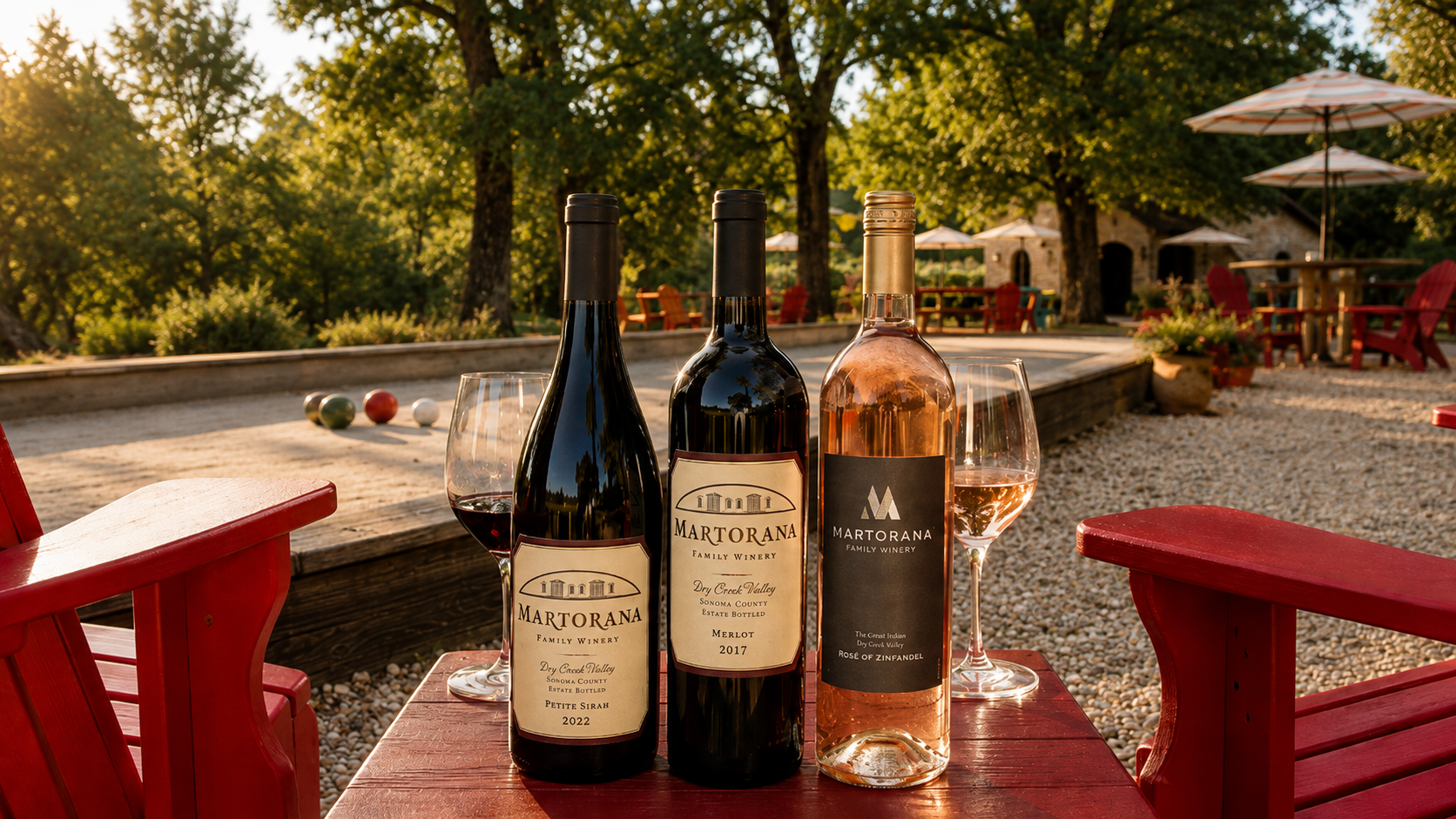 Martorana wine bottles on the patio bocce court